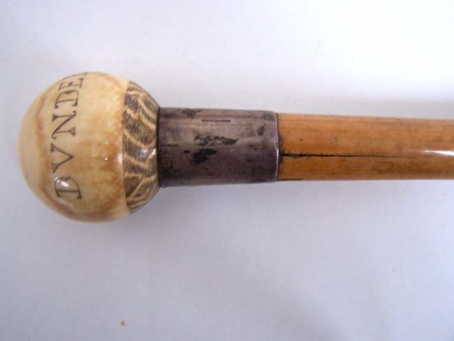 A 19th century Malacca Walking Stick with Silver Collar and ANTIQUE Scrimshawed Ivory Knob with the name 'Dundee'. — image 4